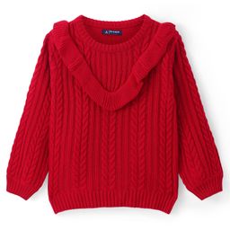 Pine Kids Knitted Full Sleeves Pullover Sweater with Cable Knit Design & Frill Detailing - Red-image-23