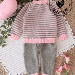 Woonie Full Sleeves Handknitted Striped Sweater Set - Pink-picture-15