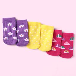 Cute Walk By Babyhug Anti-Bacterial Ankle Length Socks With Floral & Polka Dot Design Pack of 3 - Purple Yellow & Dark Pink-image-84