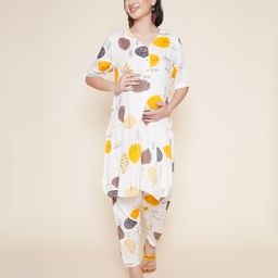Mine4Nine Half-Sleeves Leaves Printed Maternity Kurta Set With Nursing Access - Cream-image-108