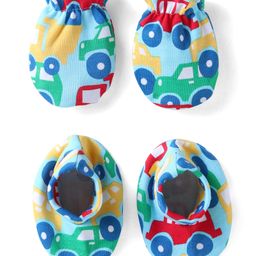 Babyhug 100% Cotton Knit Mittens & Booties Set with Car Print - Blue-image-95