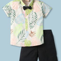 Rikidoos Cotton Half Sleeves Tropical Theme Printed Shirt & Shorts With Bow Set - Multi Colour & Black-image-40