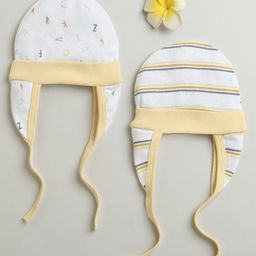 BUMZEE Cotton Pack Of 2 Striped & Alphabets Printed Tying Caps With Ear Flaps - Yellow & Cream-picture-21