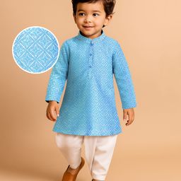 Babyhug Cotton Woven Full Sleeves Embroidered Dhoti Kurta Set - White & Light Blue-image-7