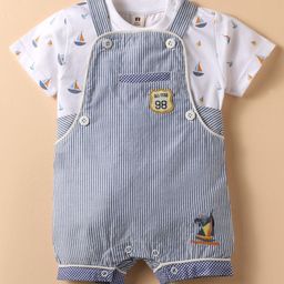 ToffyHouse Cotton Knit Striped Dungaree & Half Sleeves T-Shirt with Nautical Theme Print - White & Light Blue-image-73