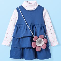 Babyhug Cotton Knit Sleeveless Frock With Polka Dot Turtle Neck Inner Top & Sling -Blue-image-69