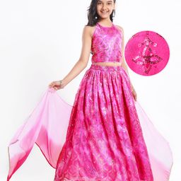 Pine Kids Woven Sleeveless Tie DyeCholiLehengaSet & Dupatta with Sequin Floral Design - Dark Pink-image-80