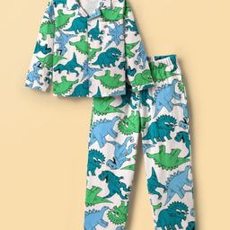 Honeyhap Premium 100%Cotton Knit Full Sleeves Front Open Co-ords Night Suit with Bio Finish & Dino Print - Bright White-image-76