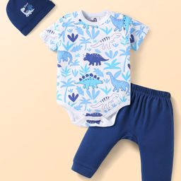 Doodle Poodle Interlock Knit Half Sleeves Onesie & Diaper Leggings with Cap & Dino Print - White Navy & Light Blue-image-94