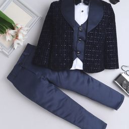 Fourfolds Velvet Full Sleeves Sequins Embellished 3 Piece Part Suit Set - Navy Blue-image-82