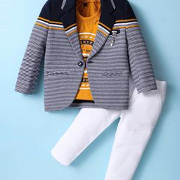 Dapper Dudes Full Sleeves Striped Blazer With Typography Printed Tee & Pant - Mustard-image-79