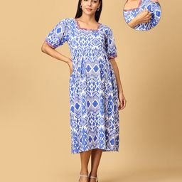 The Mom Store Cotton Half Sleeves Geometric Printed Maternity Dress With Nursing Access - Multi Colour-image-44