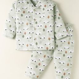 Mom's pet Cotton Knit Full Sleeves Cars Printed Coordinating Night Suit Set - Green-picture-0