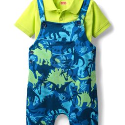Babyhug Single Jersey Knit Dungaree & Half Sleeves Polo Inner Tee With Dino Print - Blue & Green-picture-10