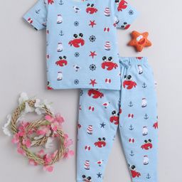 BUMZEE Cotton Knit Half Sleeves Sea Life Printed Co-ords Night Suit - Light Blue-image-67