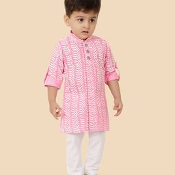 little desi Cotton Full Sleeves Ethnic Printed Kurta Pyjama Set - Pink-image-89