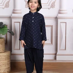 Polka Tots Cotton Full Sleeve Ethnic Foil Motifs Printed Kurta Pyjama Set - Navy Blue-picture-45