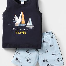 Tango Single Jersey Knit Sleeveless Tank T-Shirt & Shorts Set with Nautical Theme Print - Navy Blue-image-17