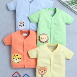 BUMZEE Cotton Pack Of 4 Half Sleeves Baby Animals Printed Jhablas - Orange & Green-image-42