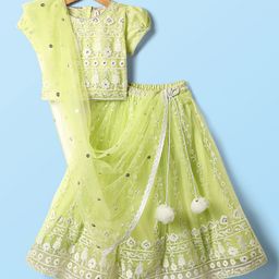Babyhug Woven Half Sleeve Choli Lehenga And Dupatta Set with Net Sequenced & Floral Embroidery - Light Green-image-13