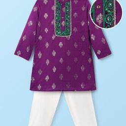 EARTHY TOUCH Cotton Woven Full Sleeves Kurta Pajama Set With Floral Print - Purple & White-image-59