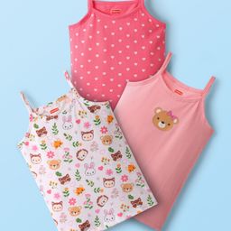 Babyhug 100% Cotton Knit Antibacterial Sleeveless Heart & Animal Printed Slips Pack of 3 - Pink & White-image-22