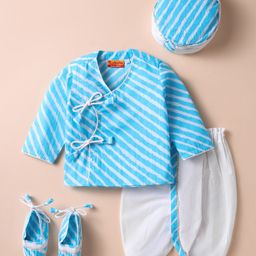 Exclusive from Jaipur Cotton Woven Full Sleeves Striped Kurta Dhoti Set With Booties & Hat - Light Blue & White-image-48