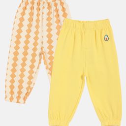 MINI KLUB Cotton Knit Pack Of 2 Geometric Printed & Avocado Patch Embroidered Pants - Peach & Yellow-image-95