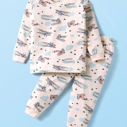 CUCUMBER Sinker Knit Full Sleeves Co-Ord Night Suit With Airplane Print - Cream-image-66