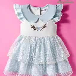 Babyoye 100% Cotton Interlock Woven Frill Sleeves Party Dress with Floral Embroidery - Light Blue-picture-49