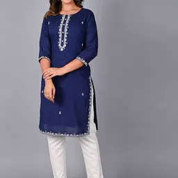 KIZI Ethnic Motifs Embroidered Round Neck Pure Cotton Kurta with Trousers-picture-13