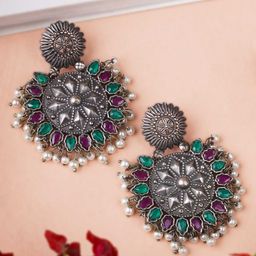 Sangria Pink Silver-Plated Artificial Stones Studded And Pearls Beaded Drop Earrings-77