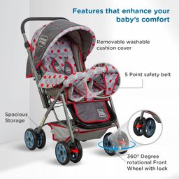Mee Mee Little Explorer Baby Stroller/Pram for 0 to 3 Years, New Born/Kids, 5 Point Safety Harness, Adjustable backrest, 360 Swivel Wheel, Large Storage Basket, Reversible Handlebar Net (Modern, Red) image 3