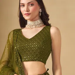 FABPIXEL Embroidered Sequinned Semi-Stitched Lehenga & Unstitched Blouse With Dupatta image 2