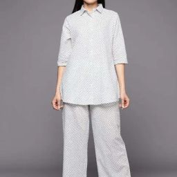 Libas White Cotton Printed Tunic Pyjamas Set-image-62