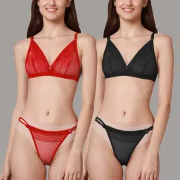 AROUSY Red & Black Self Pattern Bra Panty Set - Pack Of 2-image-81