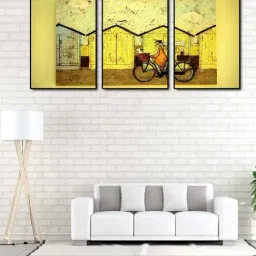 999store Yellow & Brown Printed Art Bicycle Paintings - Set of 3-46