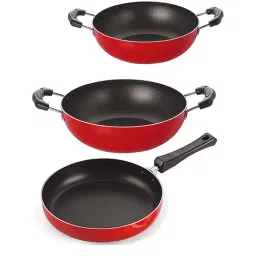 Nirlon Non-Stick Red Aluminium Frying Pan & Kadai Combo Set Without Stainless Steel Lid, 2.6mm-10