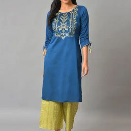 Aurelia Women Navy Blue Festive Floral Print Rayon Kurta-picture-5