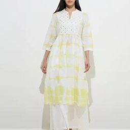 Utsa by Westside Light Yellow Tie-Dye Printed Cotton A-Line Kurta-image-85