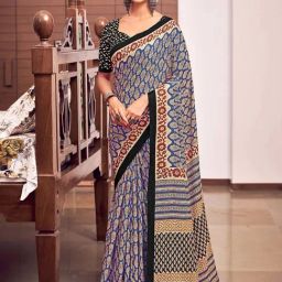Satrani Cream & Blue Pure Cotton Floral Print Saree With Unstitched Blouse-picture-34
