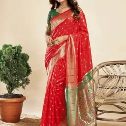 Satrani Red & Green Woven Saree With Unstitched Blouse-image-68