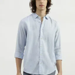 United Colors Of Benetton Blue Linen Regular Fit Texture Shirts-picture-2