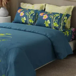 Boutique Living Royal Essence Blue Cotton Floral 400 TC King Flat Bedsheet with 4 Pillow Covers-picture-36