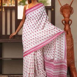 Unnati Silks White & Pink Cotton Printed Saree With Unstitched Blouse-image-96