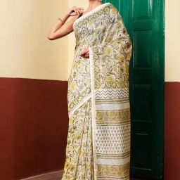 Unnati Silks Beige Floral Print Saree With Unstitched Blouse-image-5
