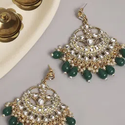 OOMPH Green Beads & Kundan Ethnic Chand Bali Earrings image 1