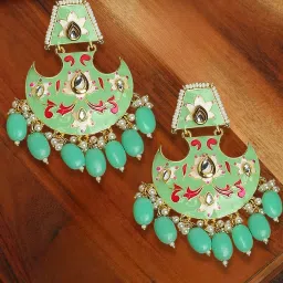OOMPH Mint Green Meenakari Enamel with Kundan and Pearls Ethnic Dangler Earrings image 1