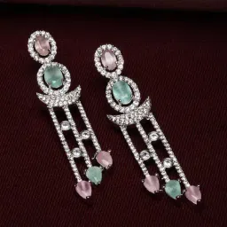 Zeneme Rhodium Plated Crystal Multi Colour AD Dangler Earrings-image-28