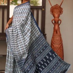 Unnati Silks White & Blue Cotton Printed Saree With Unstitched Blouse-image-58